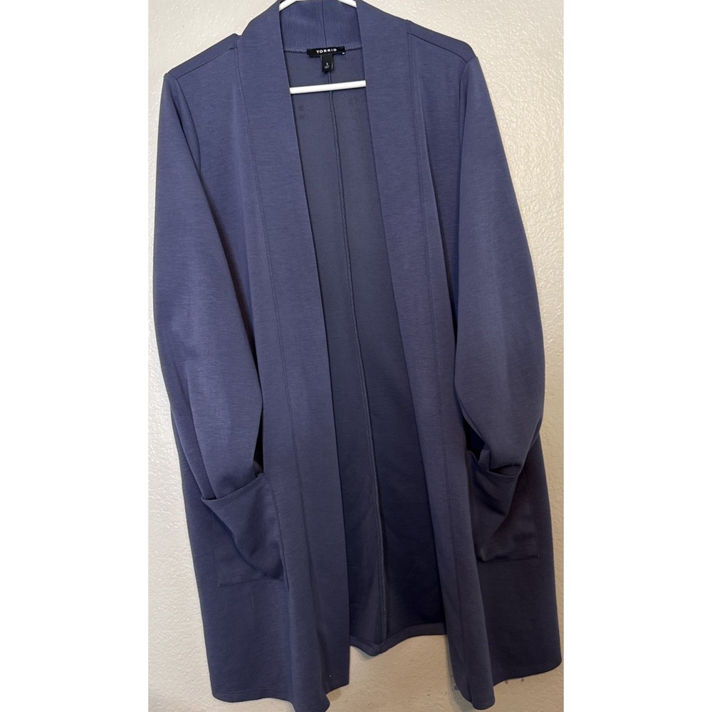Torrid Sz 3 3X Slate Blue Open Front Duster Cardigan Blazer Jacket Pockets Cozy
